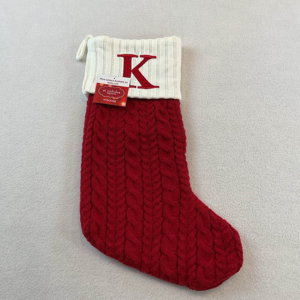 St Nicholas Square Christmas Stocking Cable Knit Red K Initial Monogram Kohls